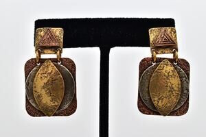 Vintage Marjorie Baer SF Mixed Metal Geometric Dangle Earrings Copper Gold BinAK